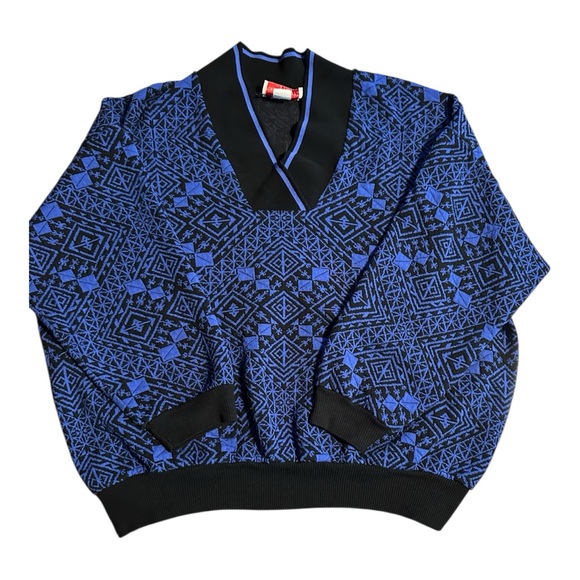 Vintage Sweaters - Vintage Young Stuff Geometric Deep Periwinkle Black Knit Sweater Made in USA L